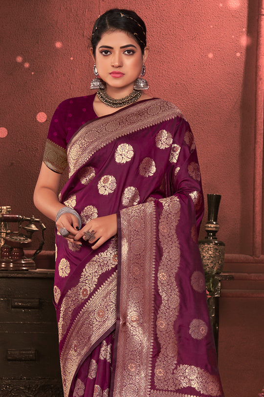 Purple Zari Woven Banarasi Silk Saree With Blouse Piece