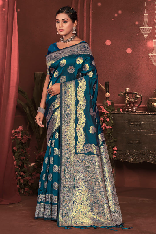 Sky Blue Zari Woven Banarasi Silk Saree With Blouse Piece