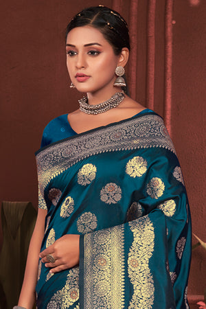 Sky Blue Zari Woven Banarasi Silk Saree With Blouse Piece