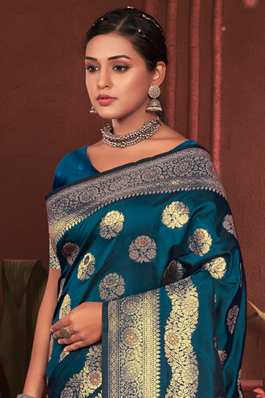 Sky Blue Zari Woven Banarasi Silk Saree With Blouse Piece