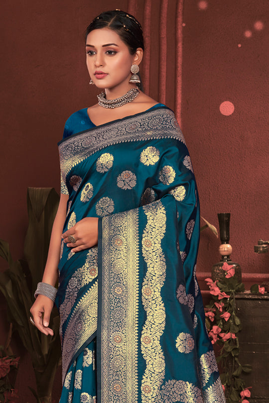 Sky Blue Zari Woven Banarasi Silk Saree With Blouse Piece