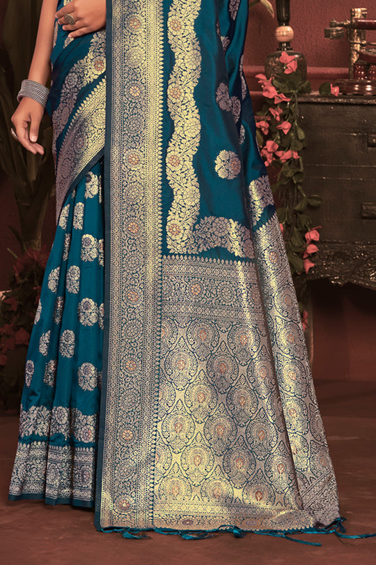 Sky Blue Zari Woven Banarasi Silk Saree With Blouse Piece