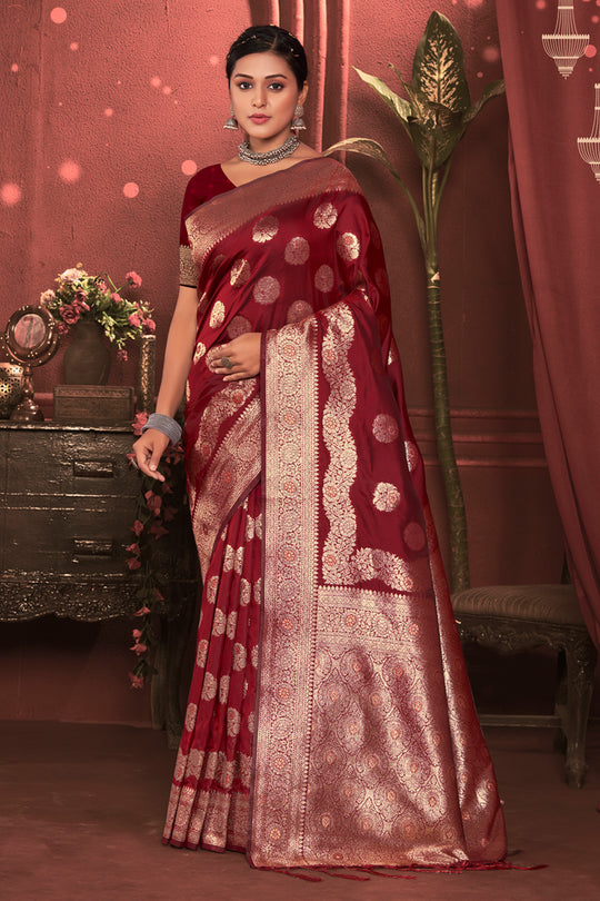 Maroon Zari Woven Banarasi Silk Saree With Blouse Piece