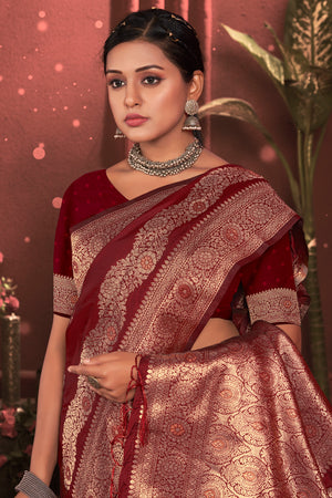 Maroon Zari Woven Banarasi Silk Saree With Blouse Piece