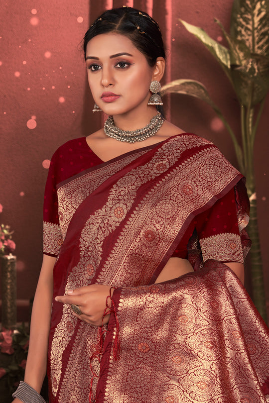 Maroon Zari Woven Banarasi Silk Saree With Blouse Piece