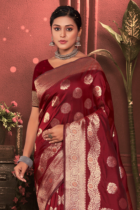 Maroon Zari Woven Banarasi Silk Saree With Blouse Piece