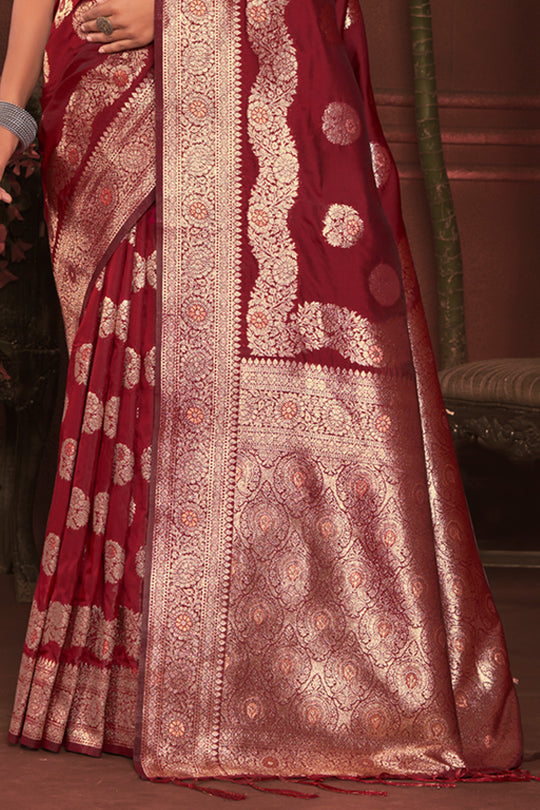 Maroon Zari Woven Banarasi Silk Saree With Blouse Piece