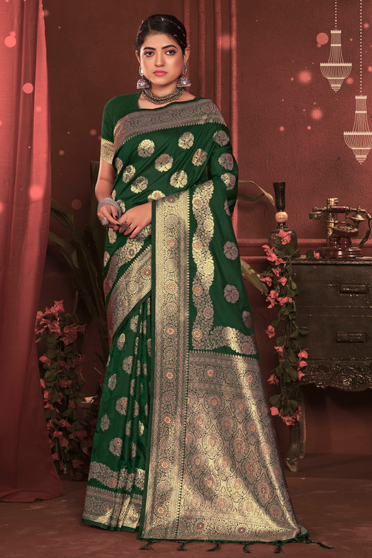 Green Zari Woven Banarasi Silk Saree With Blouse Piece