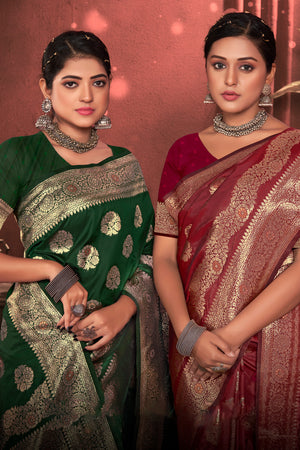 Green Zari Woven Banarasi Silk Saree With Blouse Piece
