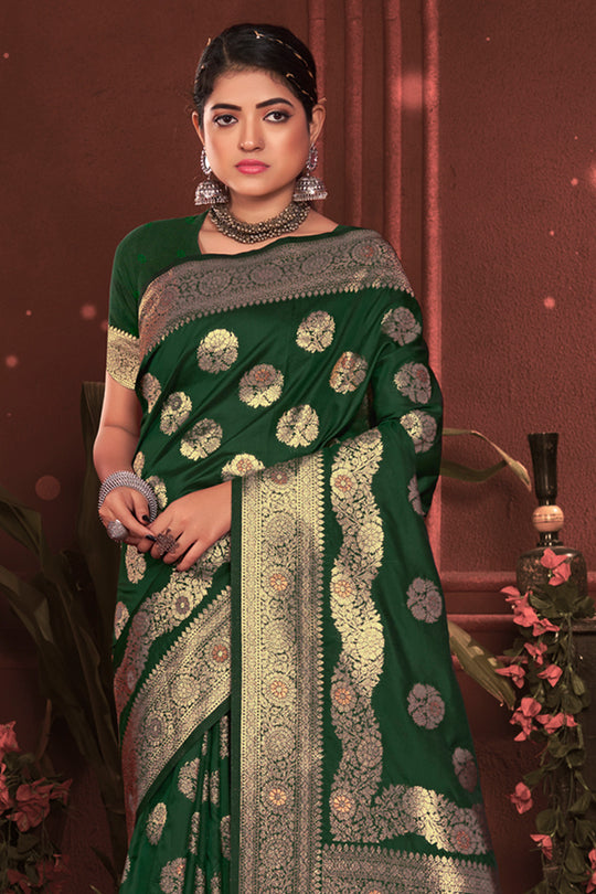 Green Zari Woven Banarasi Silk Saree With Blouse Piece