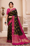 Womens Banarasi Silk Black Saree With Blouse Piece