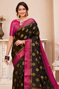 Womens Banarasi Silk Black Saree With Blouse Piece