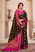 Womens Banarasi Silk Black Saree With Blouse Piece