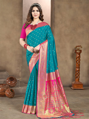 Sky Blue Silk Saree With Blouse Piece