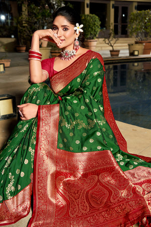Green Banarasi Silk Saree With Blouse Piece