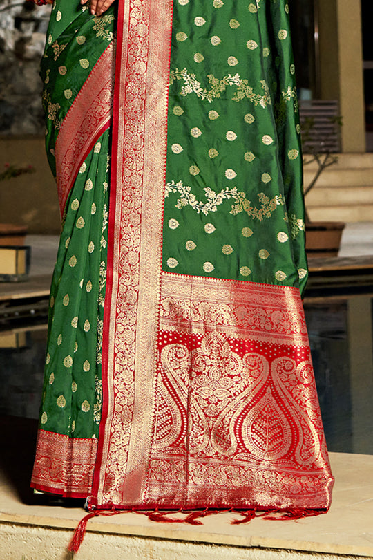 Green Banarasi Silk Saree With Blouse Piece