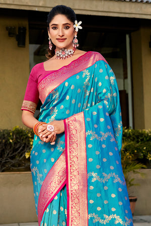 Sky Blue Banarasi Silk Saree With Blouse Piece