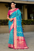 Sky Blue Banarasi Silk Saree With Blouse Piece