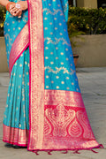 Sky Blue Banarasi Silk Saree With Blouse Piece