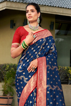 Blue Banarasi Silk Saree With Blouse Piece