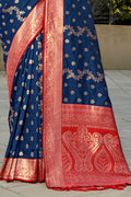 Blue Banarasi Silk Saree With Blouse Piece