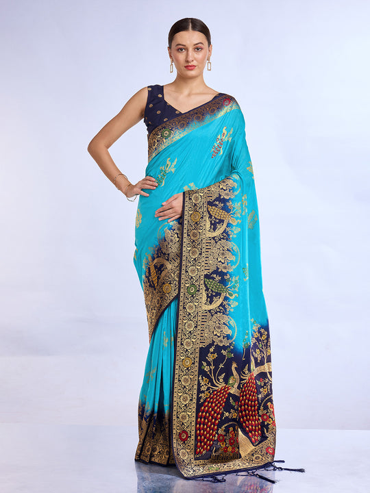 Blue Pure Silk Saree With Blouse Piece