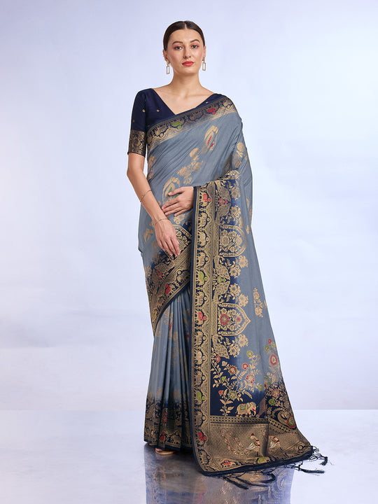 Grey Pure Silk Saree With Blouse Piece