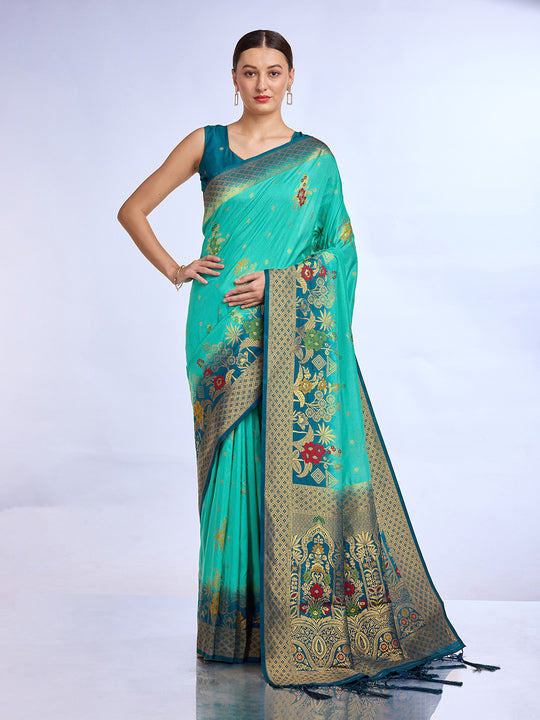 Teal Pure Silk Saree With Blouse Piece