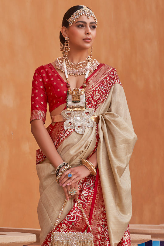 Tan Beige Patola Saree