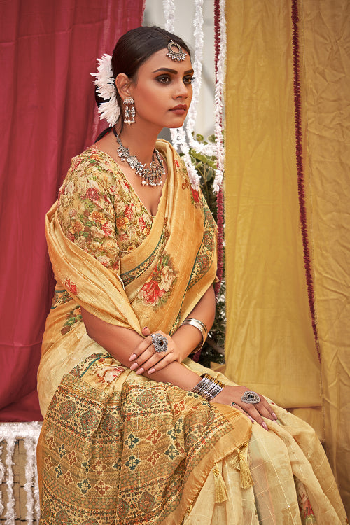 Cream Linen Blend Saree