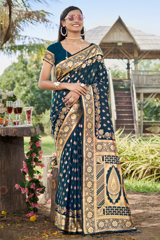 Navy Blue Silk Saree With Blouse Piece