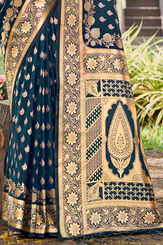 Navy Blue Silk Saree With Blouse Piece
