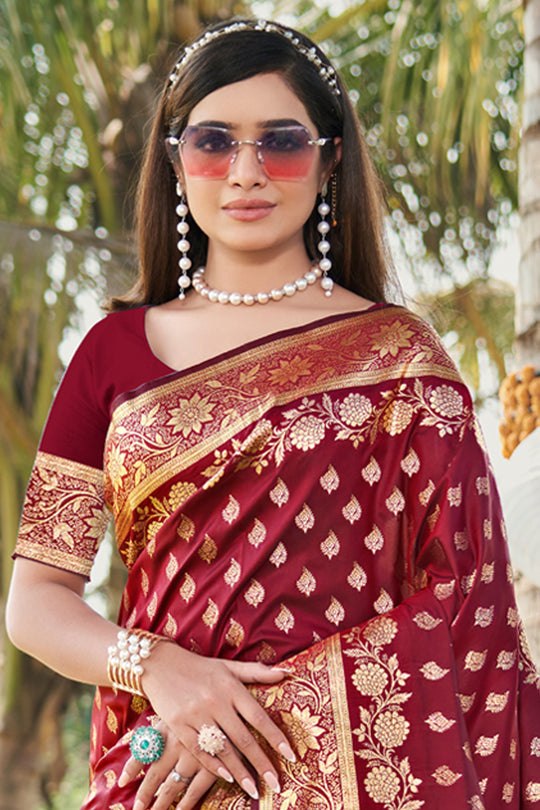 Maroon Silk Saree With Blouse Piece