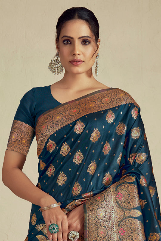 Turquoise Silk Saree With Blouse Piece