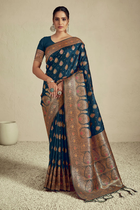 Turquoise Silk Saree With Blouse Piece