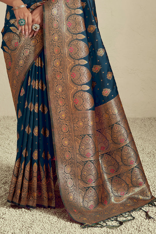 Turquoise Silk Saree With Blouse Piece