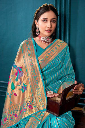 Turquoise Paithani Silk Saree With Blouse Piece