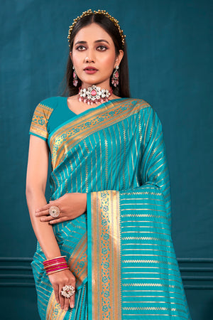 Turquoise Paithani Silk Saree With Blouse Piece