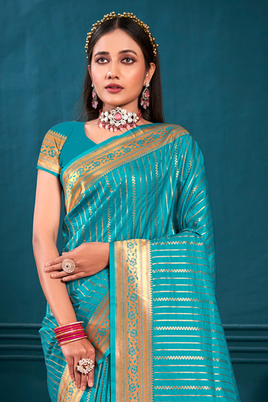 Turquoise Paithani Silk Saree With Blouse Piece