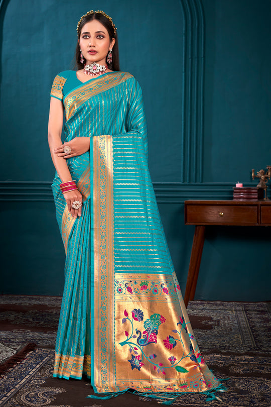 Turquoise Paithani Silk Saree With Blouse Piece