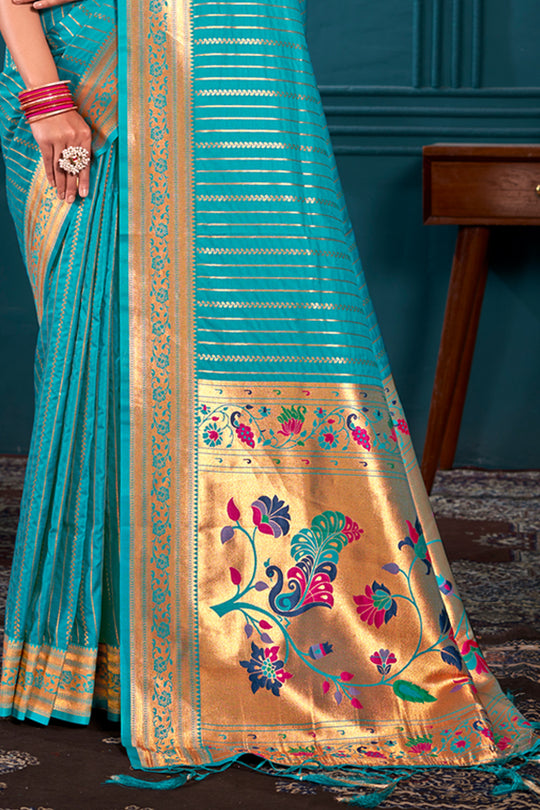 Turquoise Paithani Silk Saree With Blouse Piece