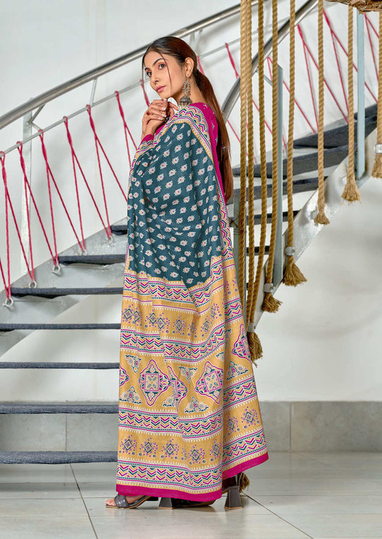 Sky Blue Pure Mulmul Cotton Hand Block Print Saree With Blouse Piece