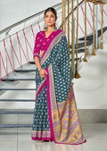 Sky Blue Pure Mulmul Cotton Hand Block Print Saree With Blouse Piece