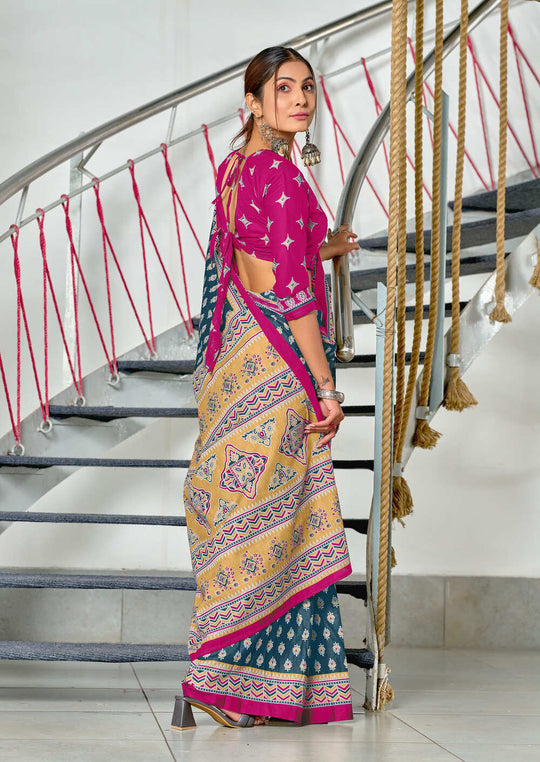 Sky Blue Pure Mulmul Cotton Hand Block Print Saree With Blouse Piece