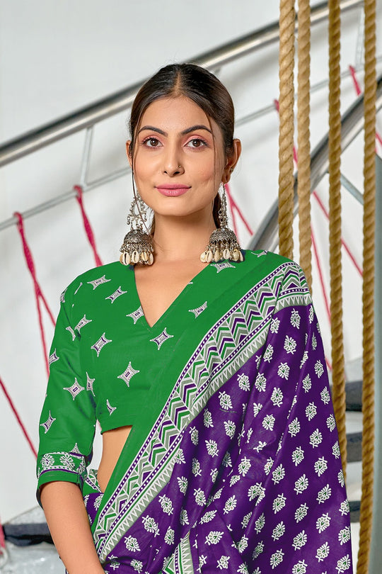 Purple Pure Mulmul Cotton Hand Block Print Saree With Blouse Piece