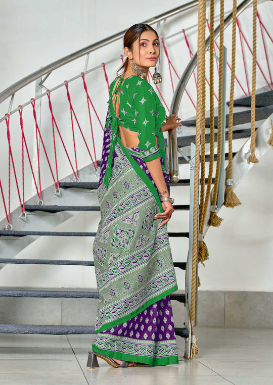 Purple Pure Mulmul Cotton Hand Block Print Saree With Blouse Piece