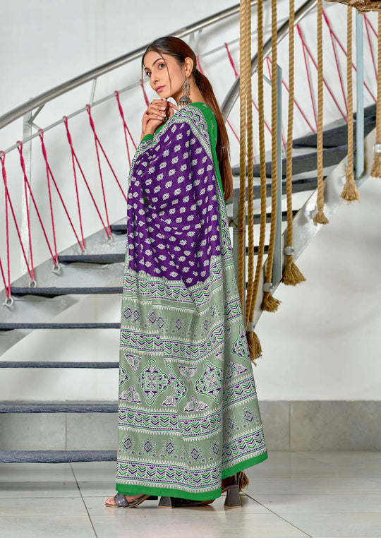 Purple Pure Mulmul Cotton Hand Block Print Saree With Blouse Piece