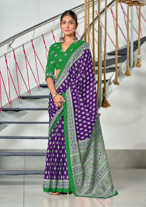 Purple Pure Mulmul Cotton Hand Block Print Saree With Blouse Piece