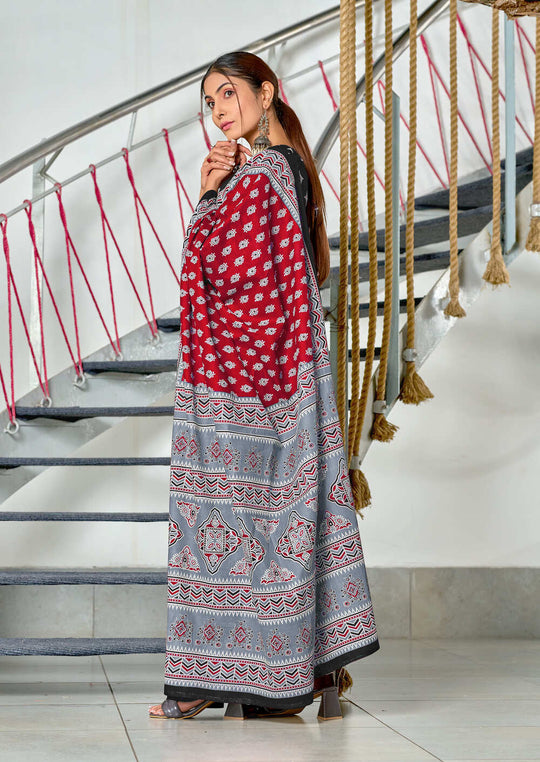 Red Pure Mulmul Cotton Hand Block Print Saree With Blouse Piece