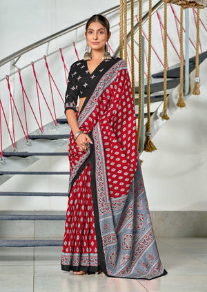 Red Pure Mulmul Cotton Hand Block Print Saree With Blouse Piece